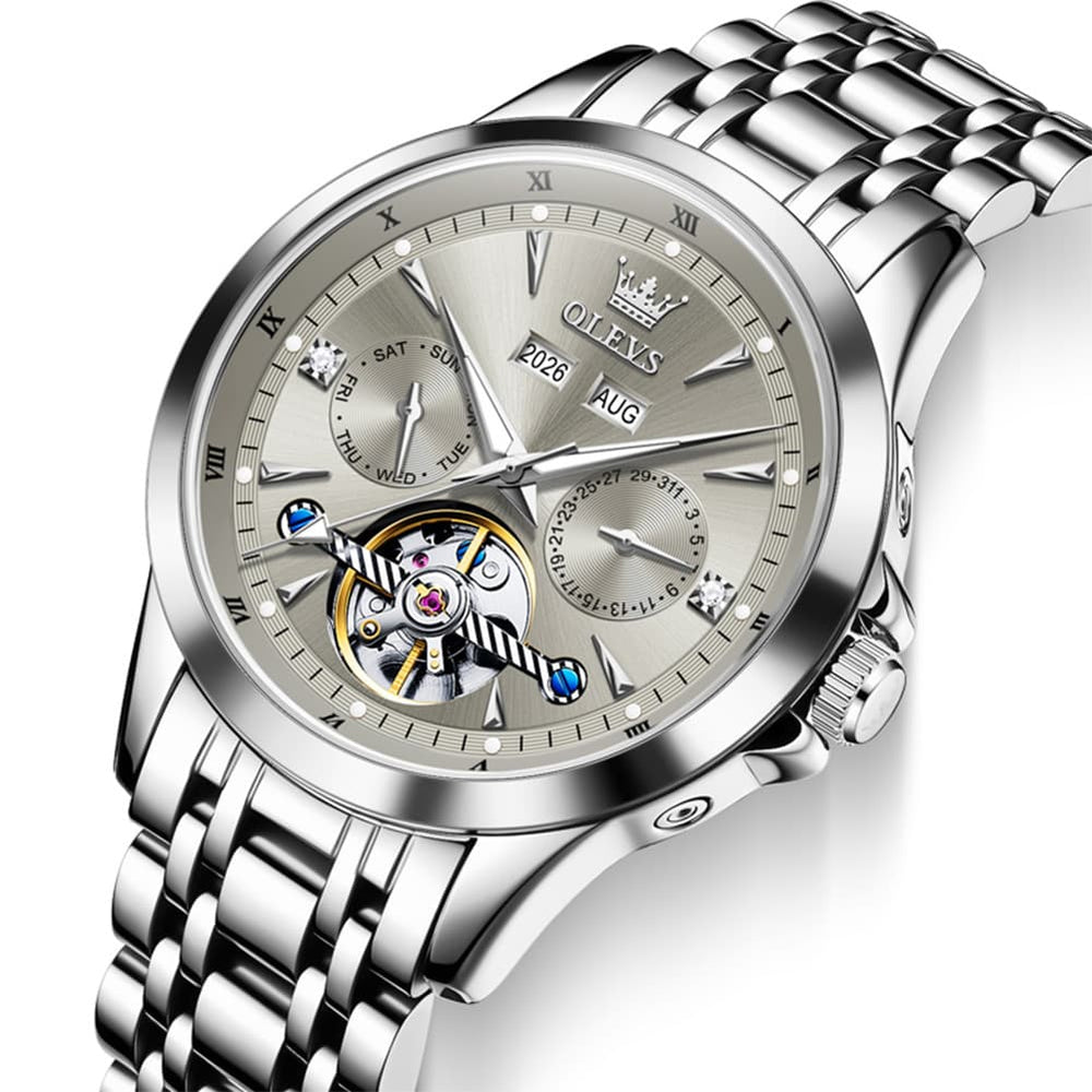 OLEVS 7091 Double Open Heart Multi-Function Automatic Watch For Men - Silver White Watch | Olevs Watch Store