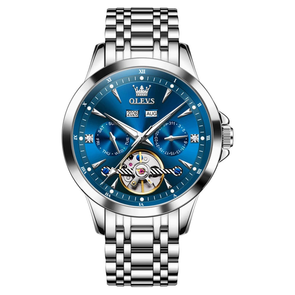 OLEVS 7091 Double Open Heart Multi-Function Automatic Watch For Men - Silver White Watch | Olevs Watch Store