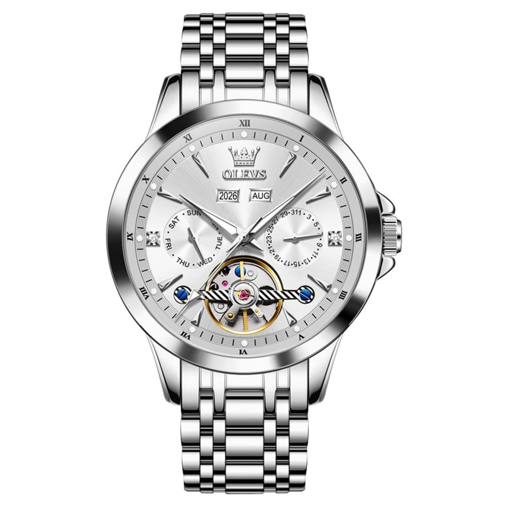 OLEVS 7091 Double Open Heart Multi-Function Automatic Watch For Men - Silver White Watch | Olevs Watch Store