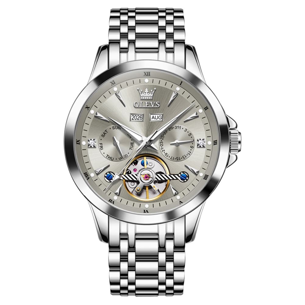 OLEVS 7091 Double Open Heart Multi-Function Automatic Watch For Men - Silver White Watch | Olevs Watch Store