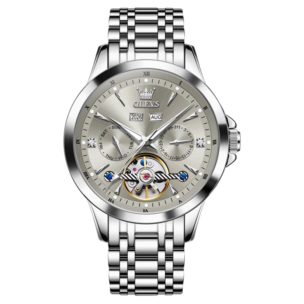 OLEVS 7091 Double Open Heart Multi-Function Automatic Watch For Men - Silver White Watch | Olevs Watch Store