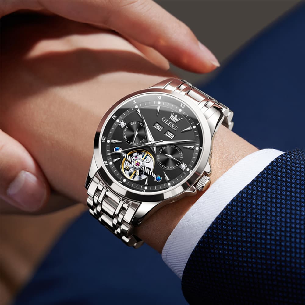 OLEVS 7091 Double Open Heart Multi-Function Automatic Watch For Men - Silver White Watch | Olevs Watch Store