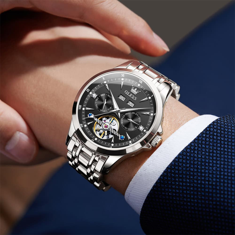 OLEVS 7091 Double Open Heart Multi-Function Automatic Watch For Men - Silver White Watch | Olevs Watch Store