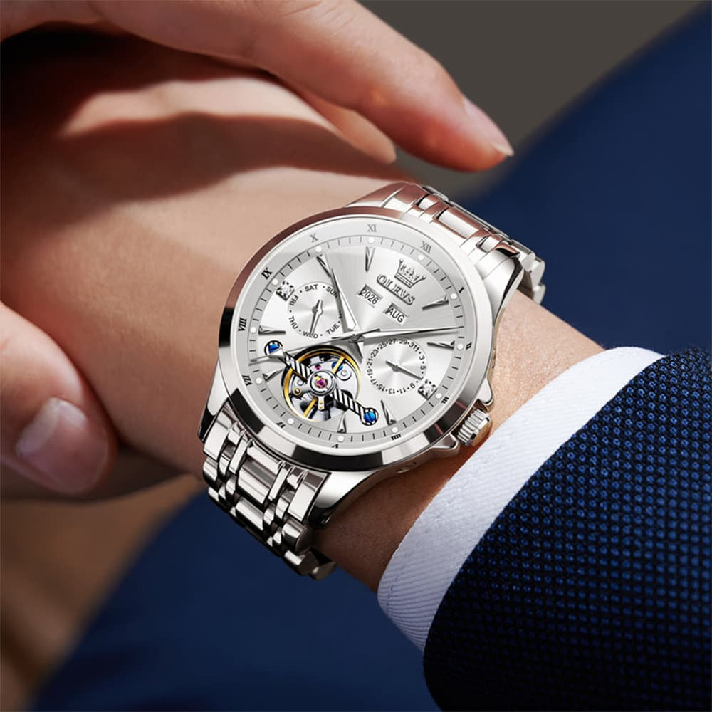 OLEVS 7091 Double Open Heart Multi-Function Automatic Watch For Men - Silver White Watch | Olevs Watch Store