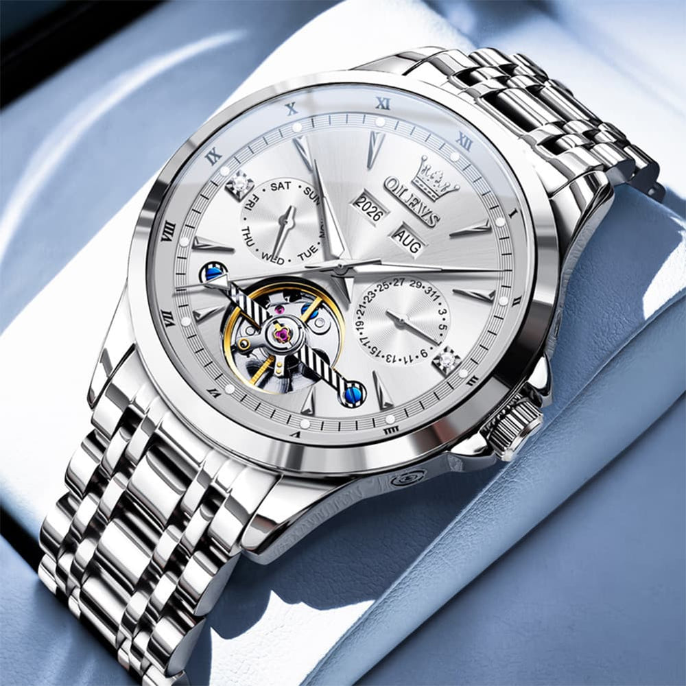 OLEVS 7091 Double Open Heart Multi-Function Automatic Watch For Men - Silver White Watch | Olevs Watch Store