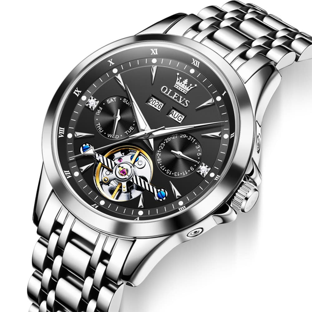 OLEVS 7091 Double Open Heart Multi-Function Automatic Watch For Men - Silver White Watch | Olevs Watch Store