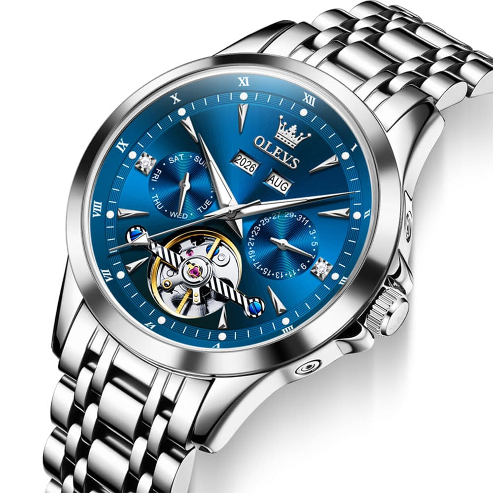 OLEVS 7091 Double Open Heart Multi-Function Automatic Watch For Men - Silver White Watch | Olevs Watch Store