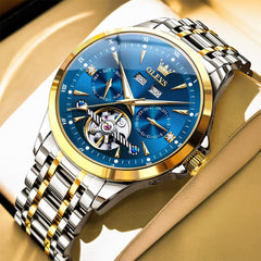 OLEVS 7091 Double Open Heart Multi-Function Automatic Watch For Men - Two Tone Blue Watch | Olevs Watch Store
