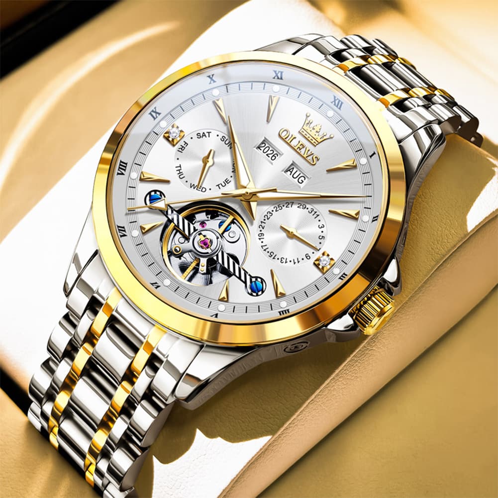 OLEVS 7091 Double Open Heart Multi-Function Automatic Watch For Men - Two Tone White Watch | Olevs Watch Store