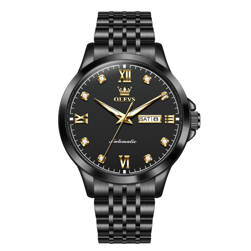 OLEVS 7092 Diamond Accent Dual Calendar Automatic Watch For Men - All Black Watch | Olevs Watch Store