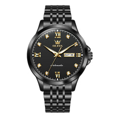 OLEVS 7092 Diamond Accent Dual Calendar Automatic Watch For Men - All Black Watch | Olevs Watch Store