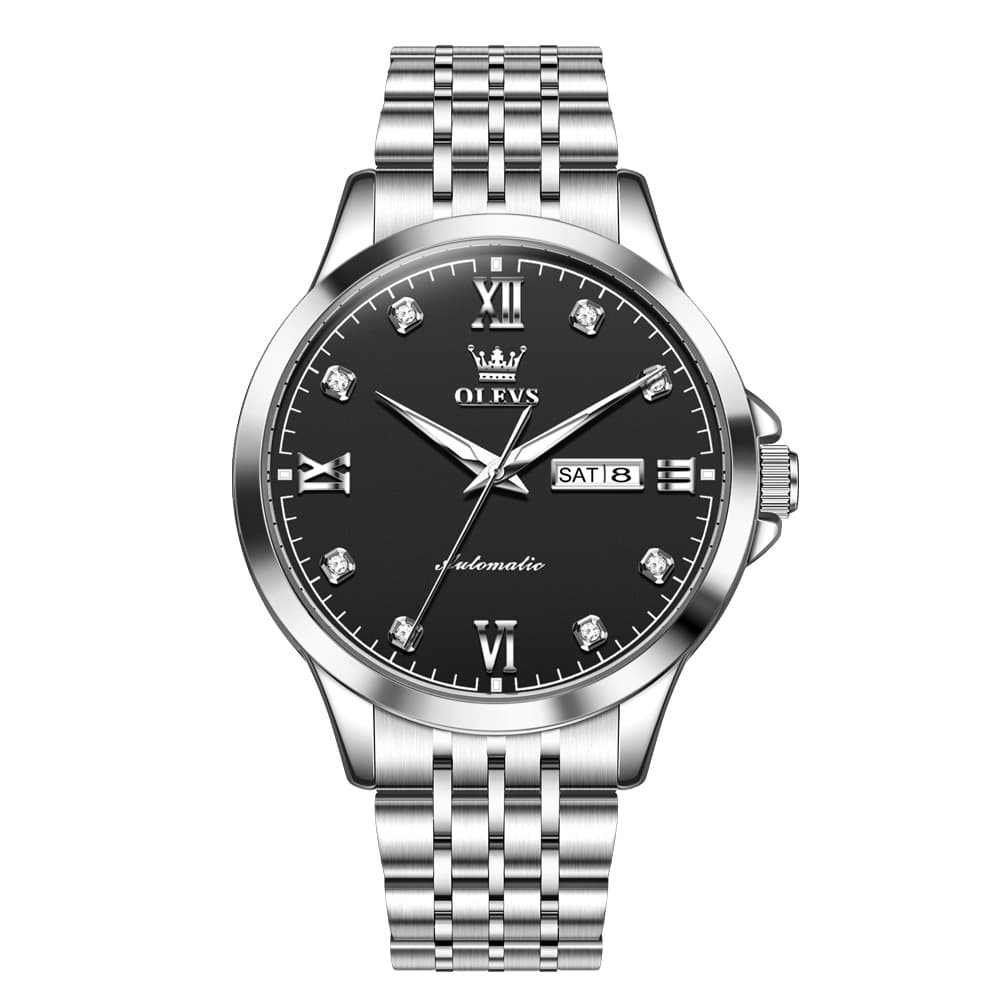 OLEVS 7092 Diamond Accent Dual Calendar Automatic Watch For Men - Silver Black Watch | Olevs Watch Store