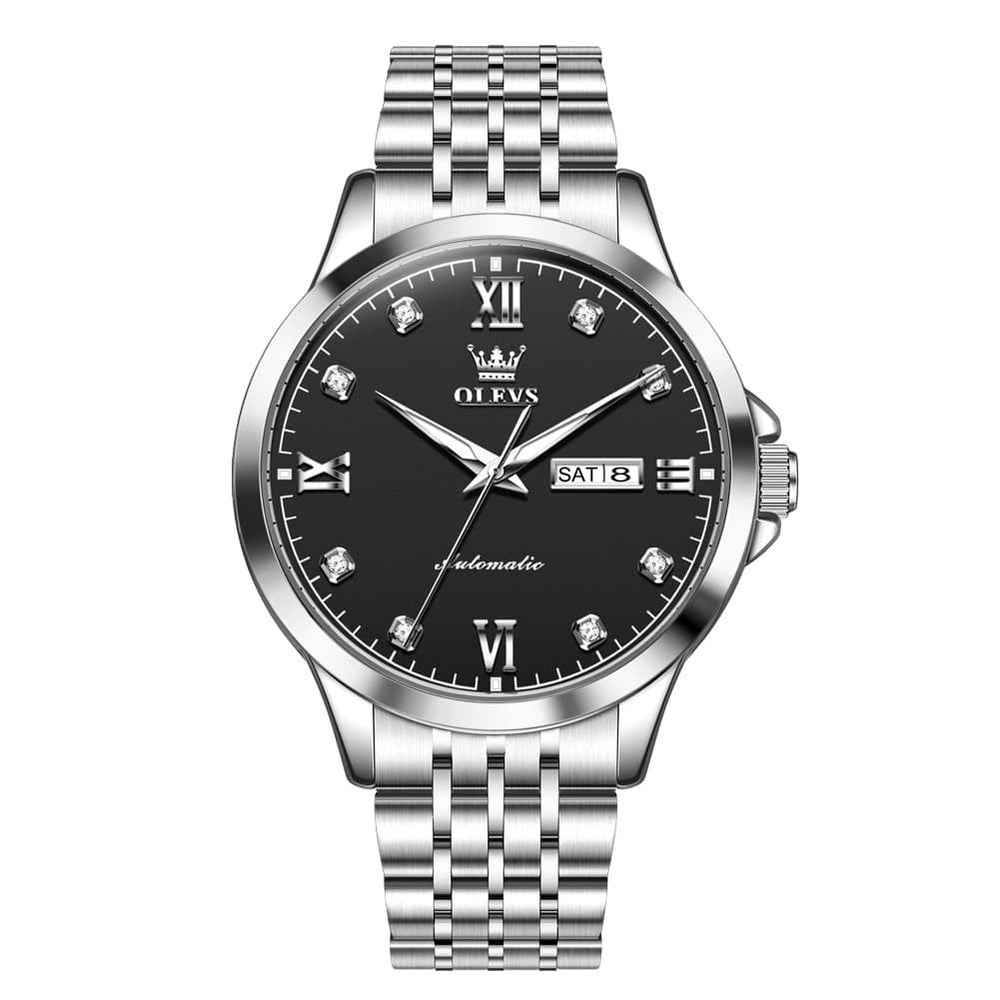 OLEVS 7092 Diamond Accent Dual Calendar Automatic Watch For Men - Silver Black Watch | Olevs Watch Store