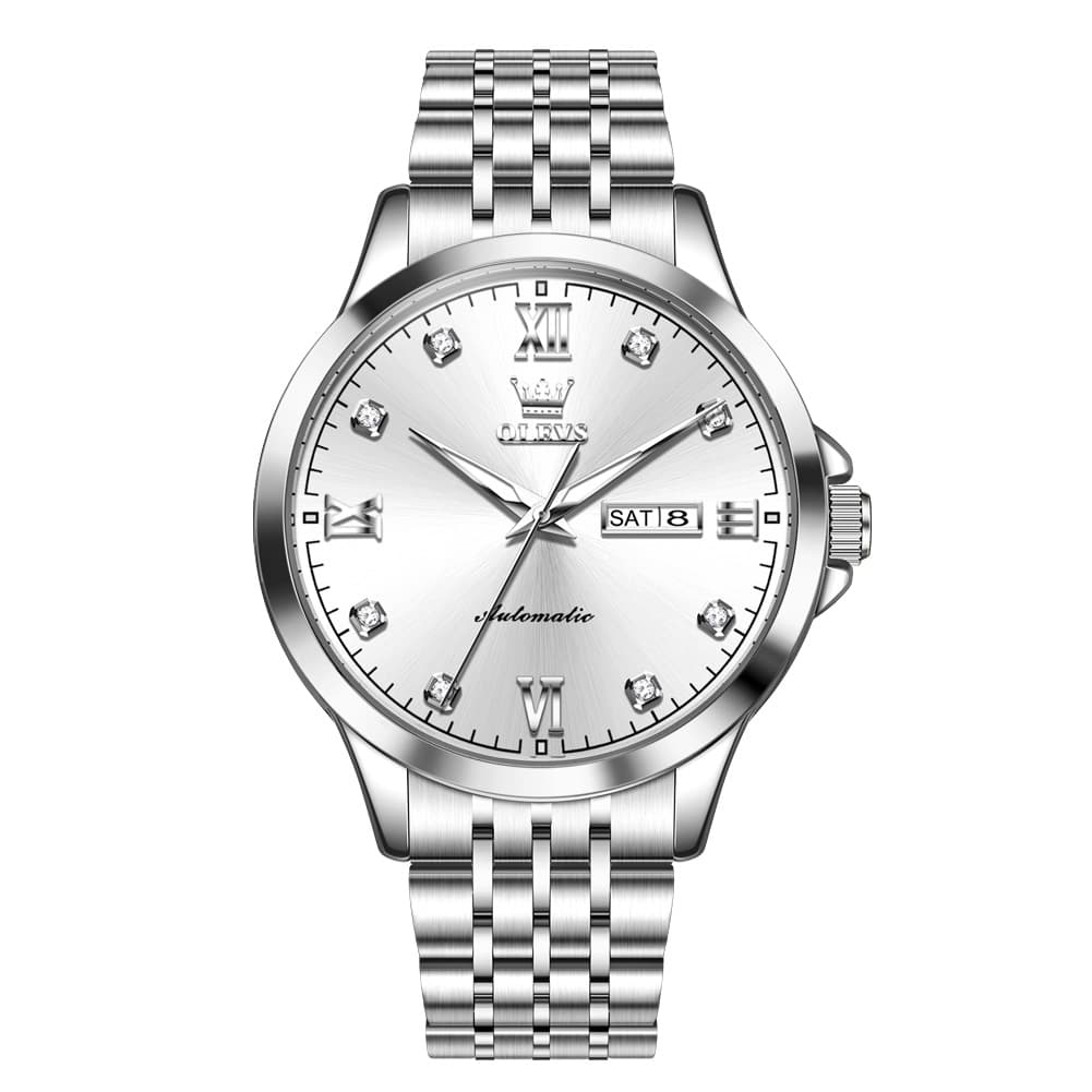 OLEVS 7092 Diamond Accent Dual Calendar Automatic Watch For Men - Silver White Watch | Olevs Watch Store