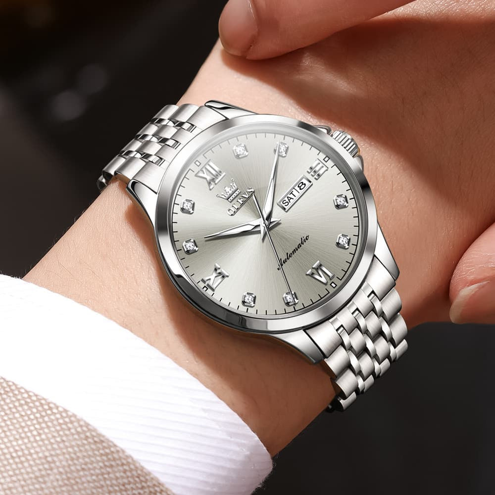 OLEVS 7092 Diamond Accent Dual Calendar Automatic Watch For Men - Two Tone White Watch | Olevs Watch Store
