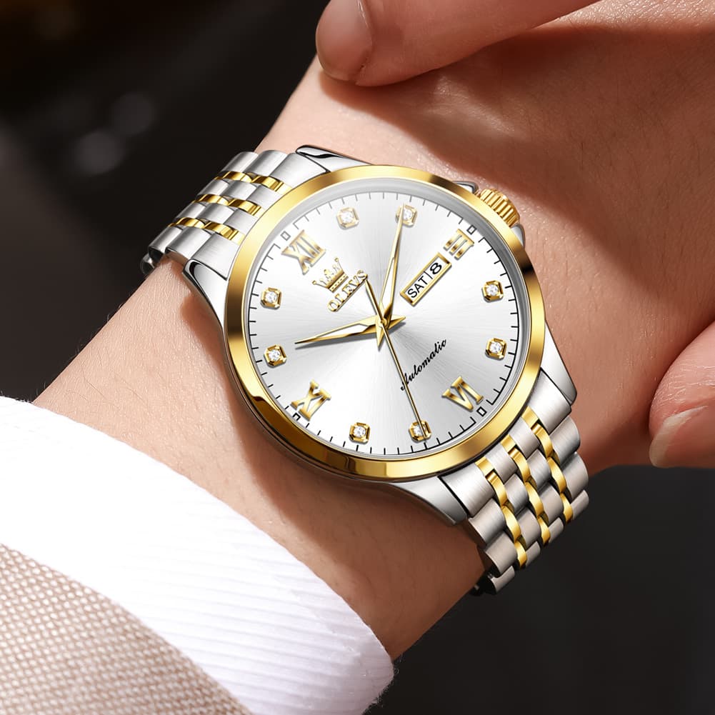 OLEVS 7092 Diamond Accent Dual Calendar Automatic Watch For Men - Silver White Watch | Olevs Watch Store