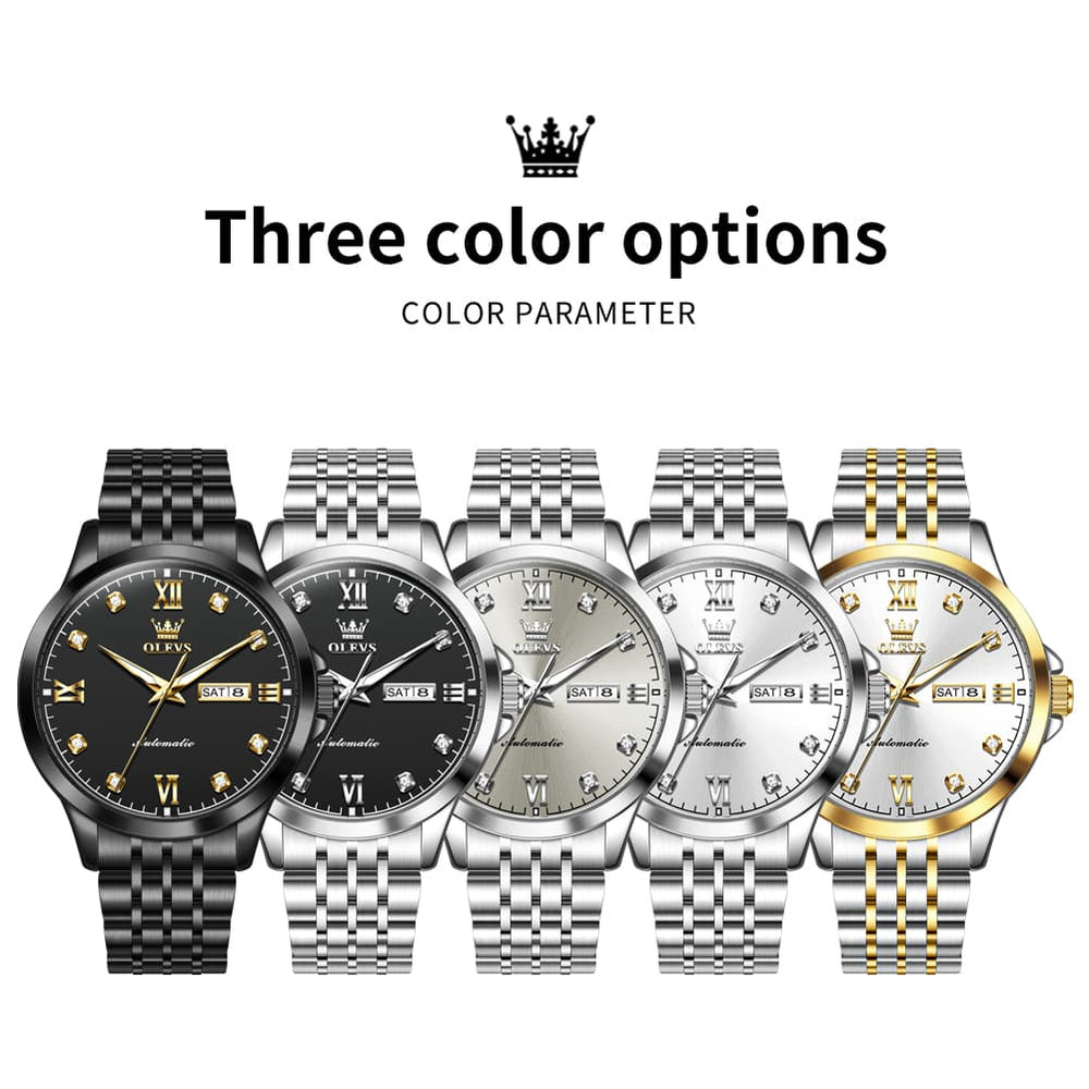 OLEVS 7092 Diamond Accent Dual Calendar Automatic Watch For Men - Silver White Watch | Olevs Watch Store