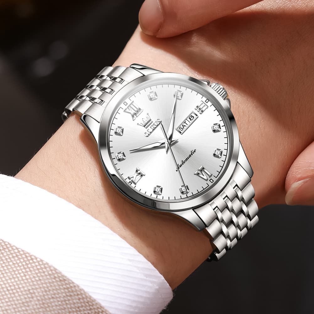 OLEVS 7092 Diamond Accent Dual Calendar Automatic Watch For Men - Two Tone White Watch | Olevs Watch Store