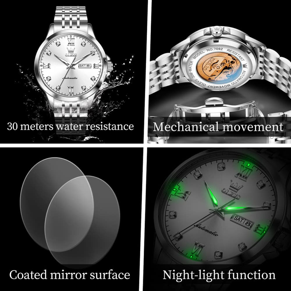 OLEVS 7092 Diamond Accent Dual Calendar Automatic Watch For Men - Two Tone White Watch | Olevs Watch Store