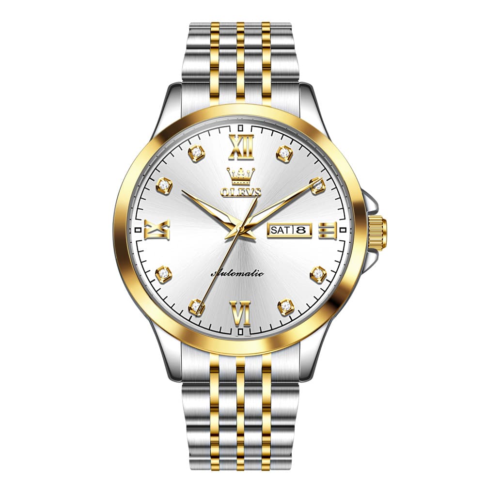 OLEVS 7092 Diamond Accent Dual Calendar Automatic Watch For Men - Two Tone White Watch | Olevs Watch Store