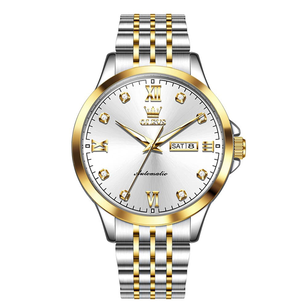 OLEVS 7092 Diamond Accent Dual Calendar Automatic Watch For Men - Two Tone White Watch | Olevs Watch Store
