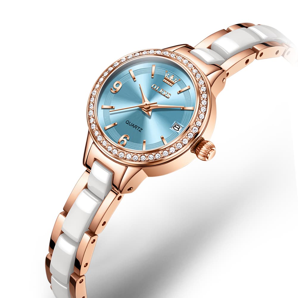 OLEVS 7093 White Ceramic Watch Women Dainty Diamond Bezel Date Quartz Jewelry Timepiece - Rose Gold Blue | Olevs Watch Store