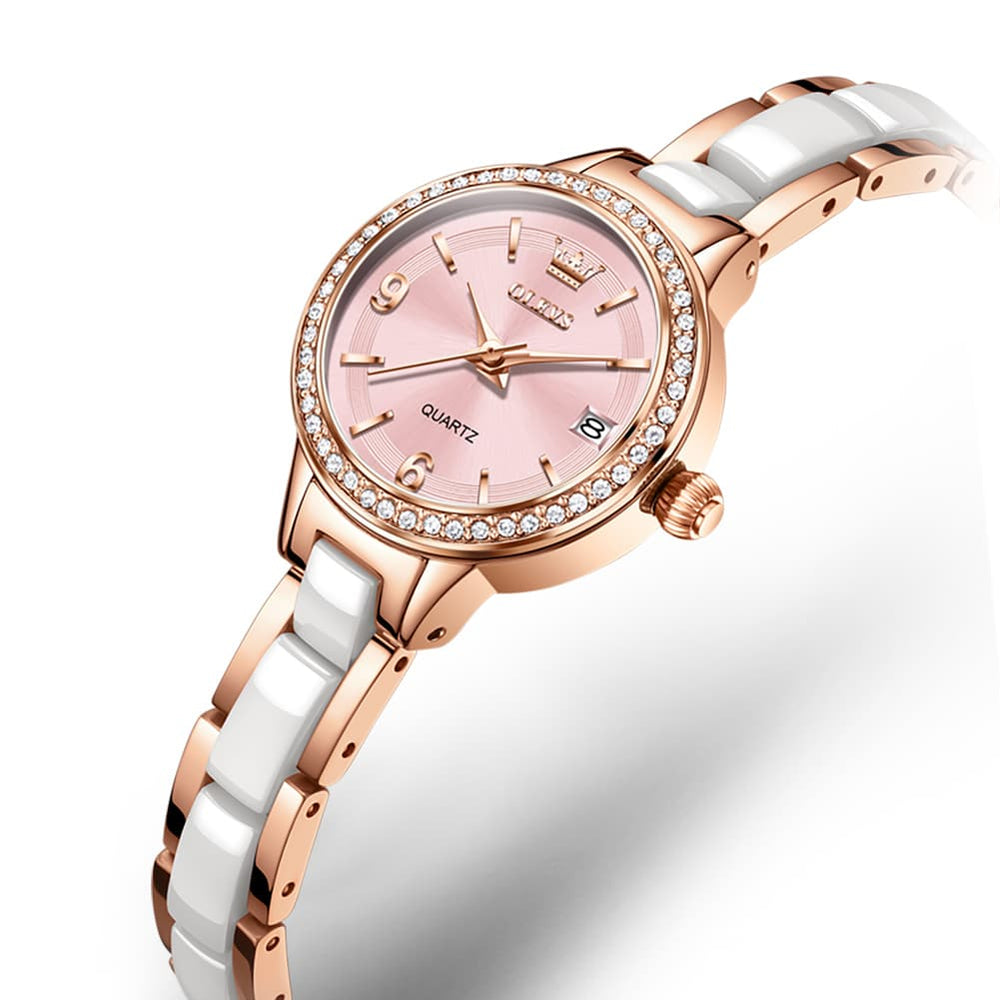 OLEVS 7093 White Ceramic Watch Women Dainty Diamond Bezel Date Quartz Jewelry Timepiece - Rose Gold Pink | Olevs Watch Store