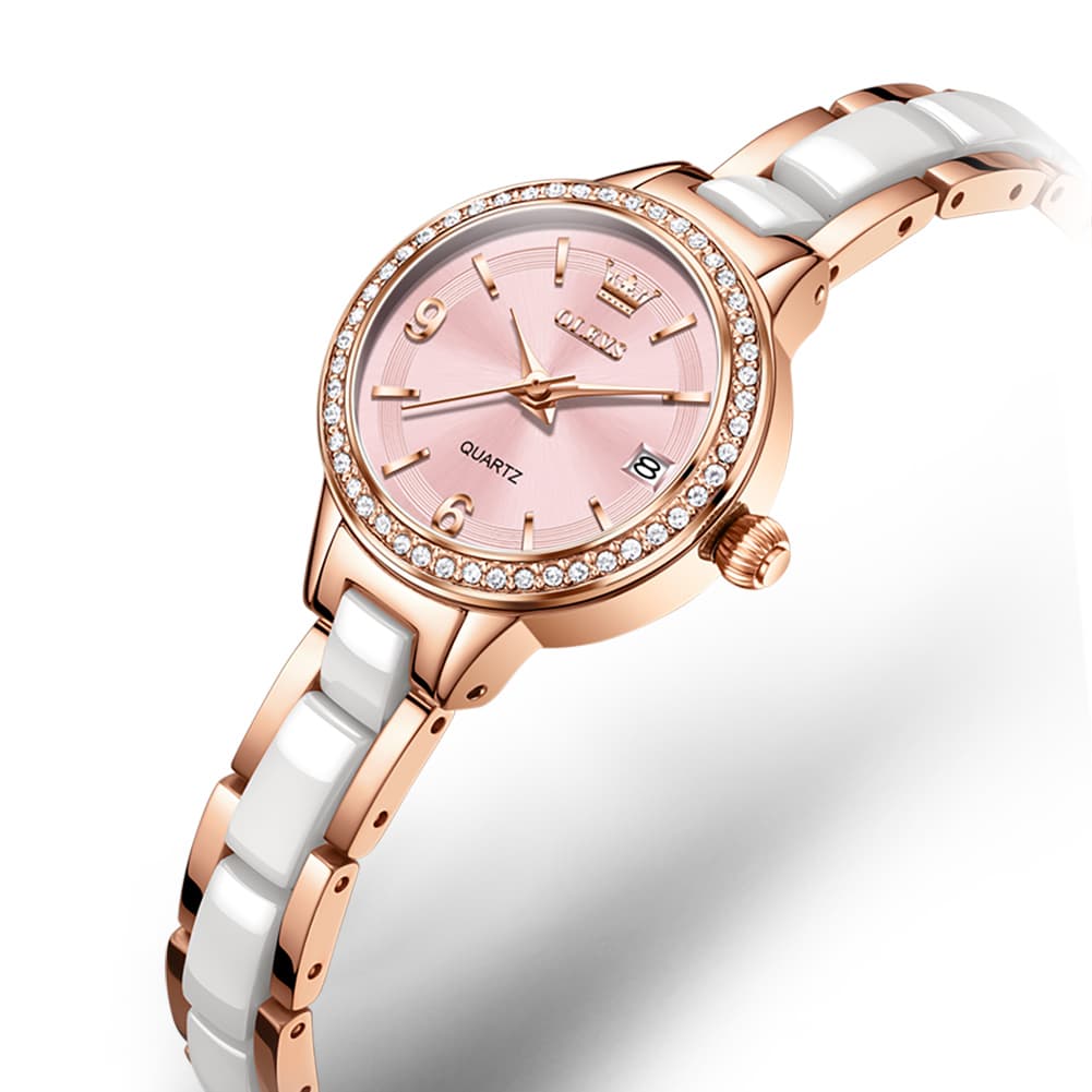 OLEVS 7093 White Ceramic Watch Women Dainty Diamond Bezel Date Quartz Jewelry Timepiece - Rose Gold Pink | Olevs Watch Store