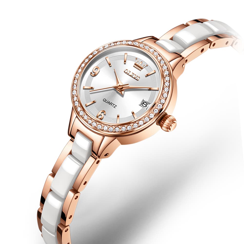 OLEVS 7093 White Ceramic Watch Women Dainty Diamond Bezel Date Quartz Jewelry Timepiece - Rose Gold White | Olevs Watch Store