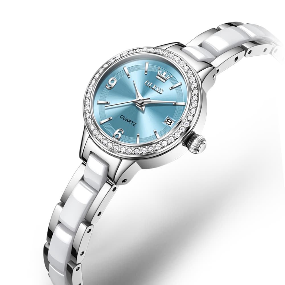 OLEVS 7093 White Ceramic Watch Women Dainty Diamond Bezel Date Quartz Jewelry Timepiece - Silver Blue | Olevs Watch Store