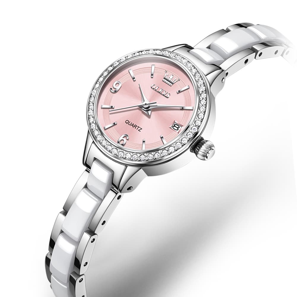OLEVS 7093 White Ceramic Watch Women Dainty Diamond Bezel Date Quartz Jewelry Timepiece - Silver Pink | Olevs Watch Store