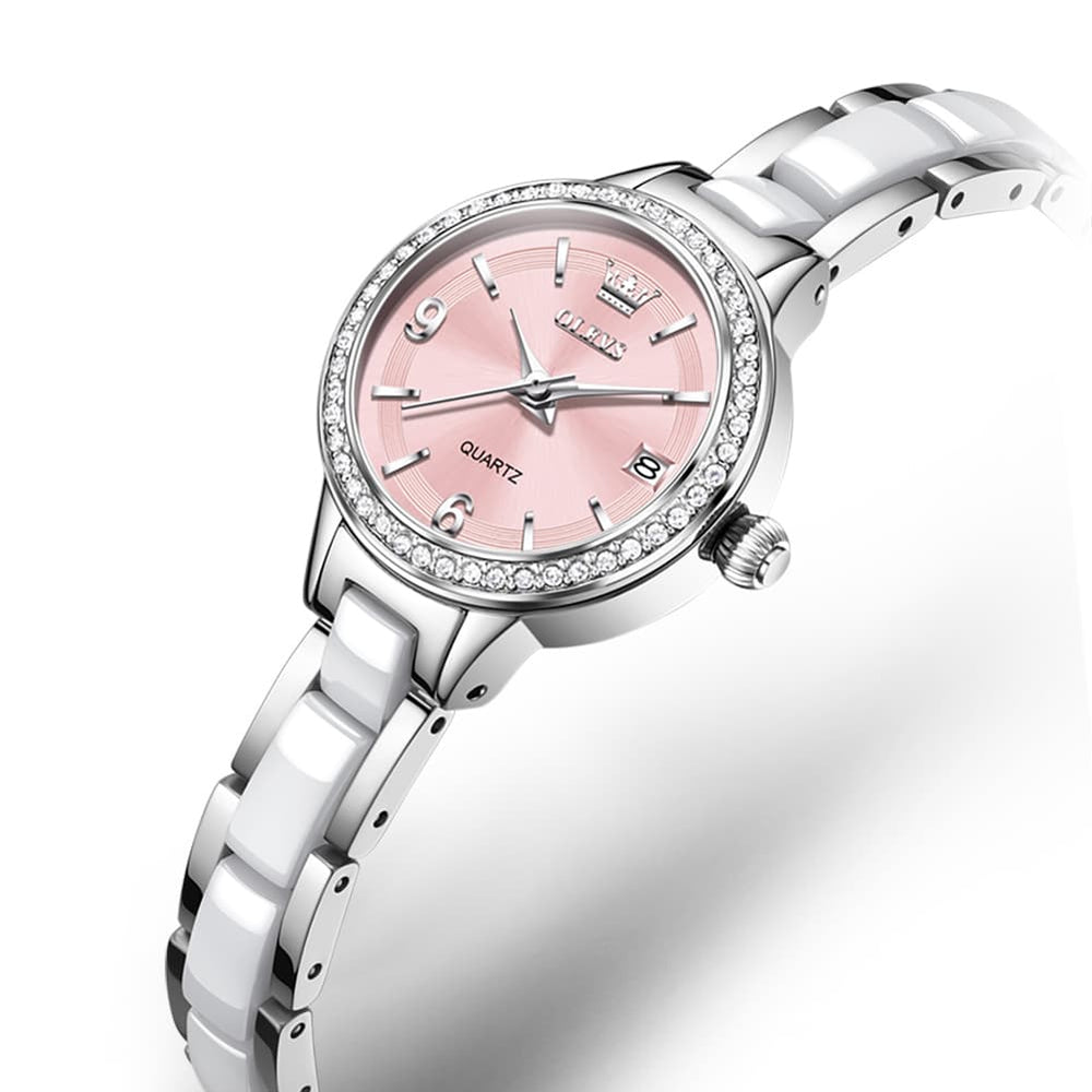OLEVS 7093 White Ceramic Watch Women Dainty Diamond Bezel Date Quartz Jewelry Timepiece - Silver Pink | Olevs Watch Store