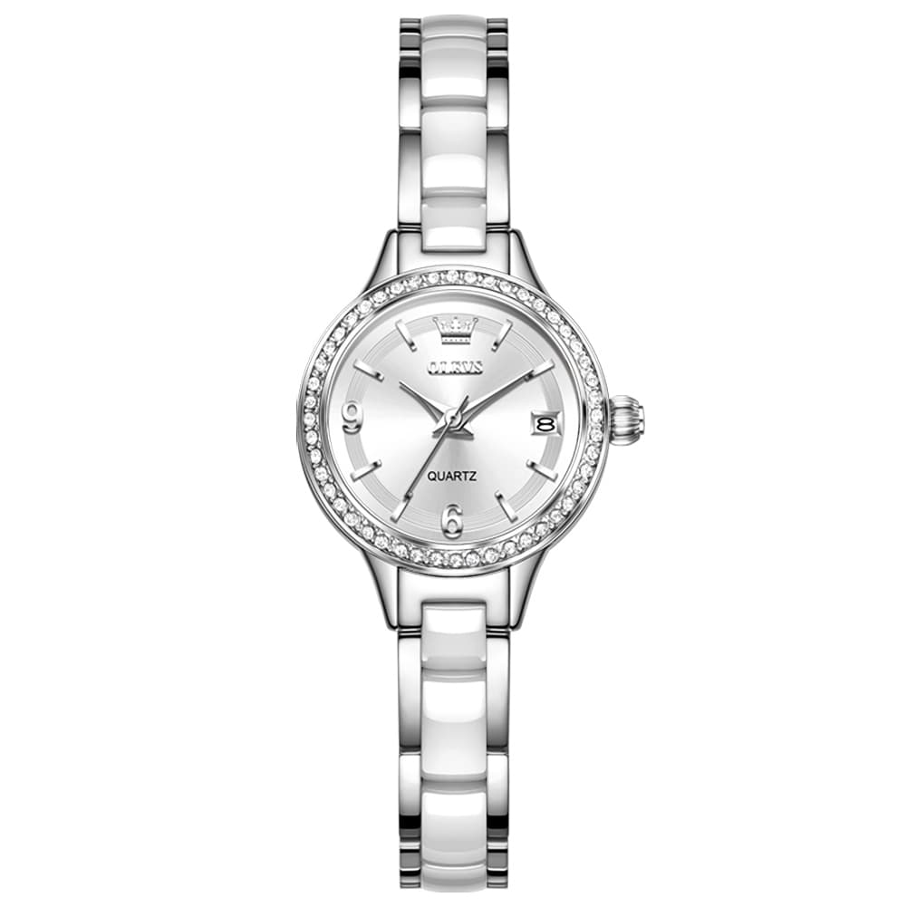 OLEVS 7093 White Ceramic Watch Women Dainty Diamond Bezel Date Quartz Jewelry Timepiece - Silver White | Olevs Watch Store