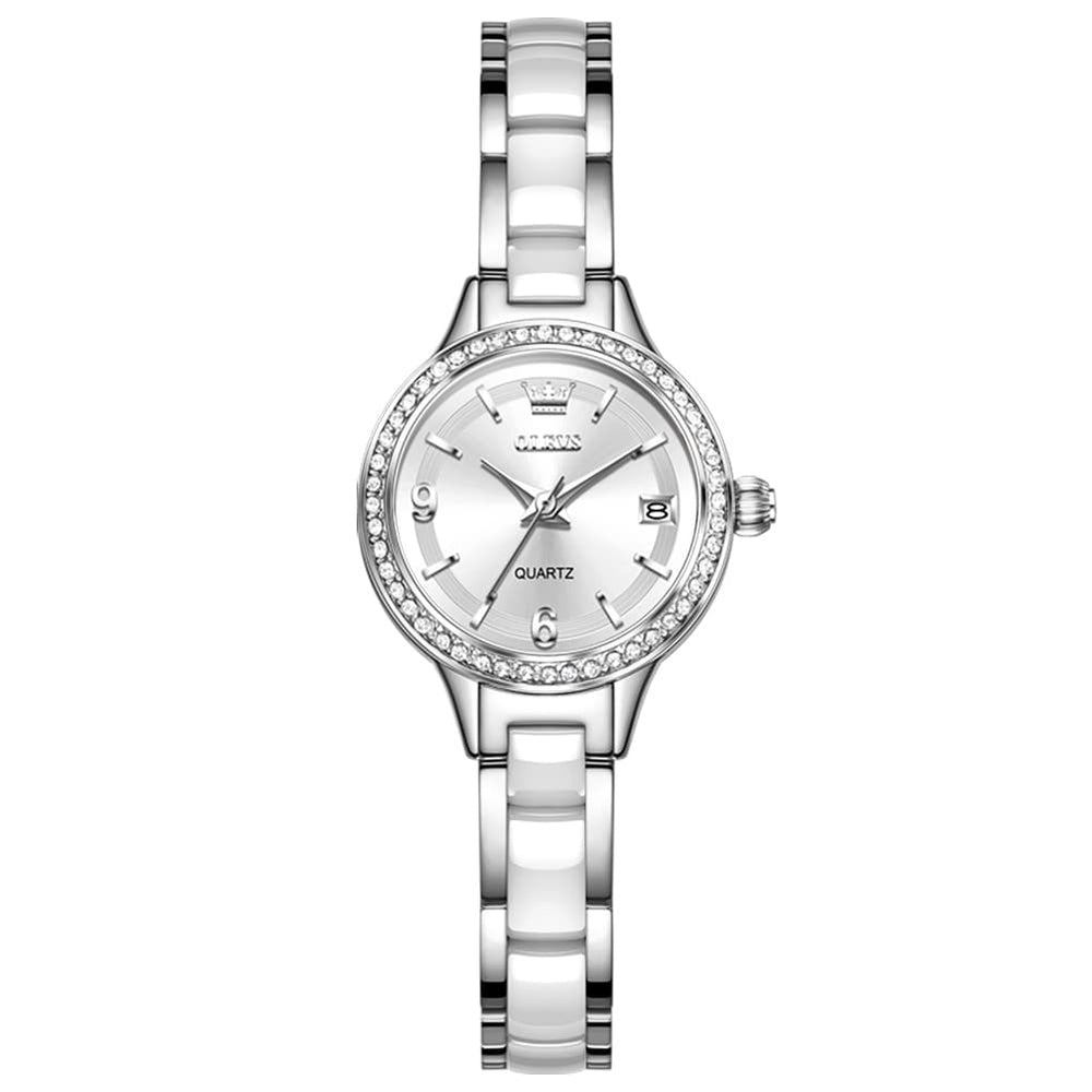 OLEVS 7093 White Ceramic Watch Women Dainty Diamond Bezel Date Quartz Jewelry Timepiece - Silver White | Olevs Watch Store