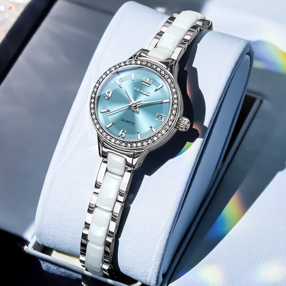 OLEVS 7093 White Ceramic Watch Women Dainty Diamond Bezel Date Quartz Jewelry Timepiece - Silver White | Olevs Watch Store
