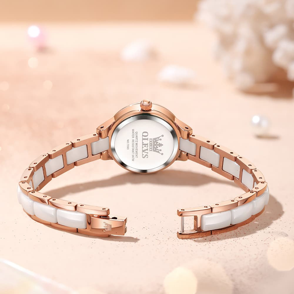 OLEVS 7093 White Ceramic Watch Women Dainty Diamond Bezel Date Quartz Jewelry Timepiece - Silver White | Olevs Watch Store