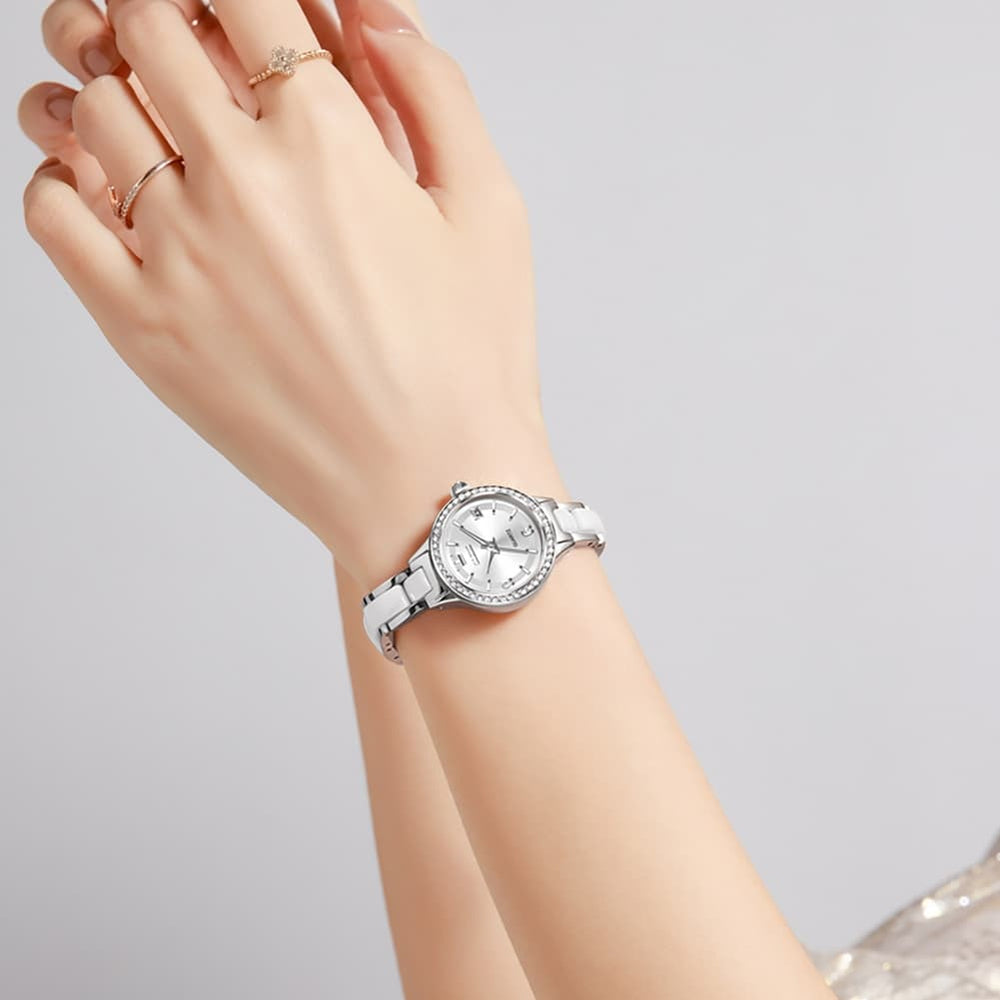 OLEVS 7093 White Ceramic Watch Women Dainty Diamond Bezel Date Quartz Jewelry Timepiece - Silver White | Olevs Watch Store