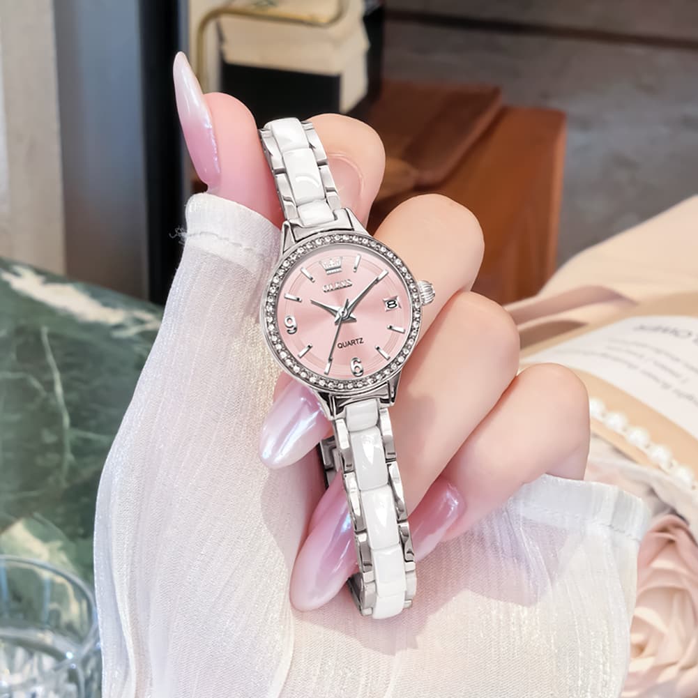 OLEVS 7093 White Ceramic Watch Women Dainty Diamond Bezel Date Quartz Jewelry Timepiece - Silver White | Olevs Watch Store