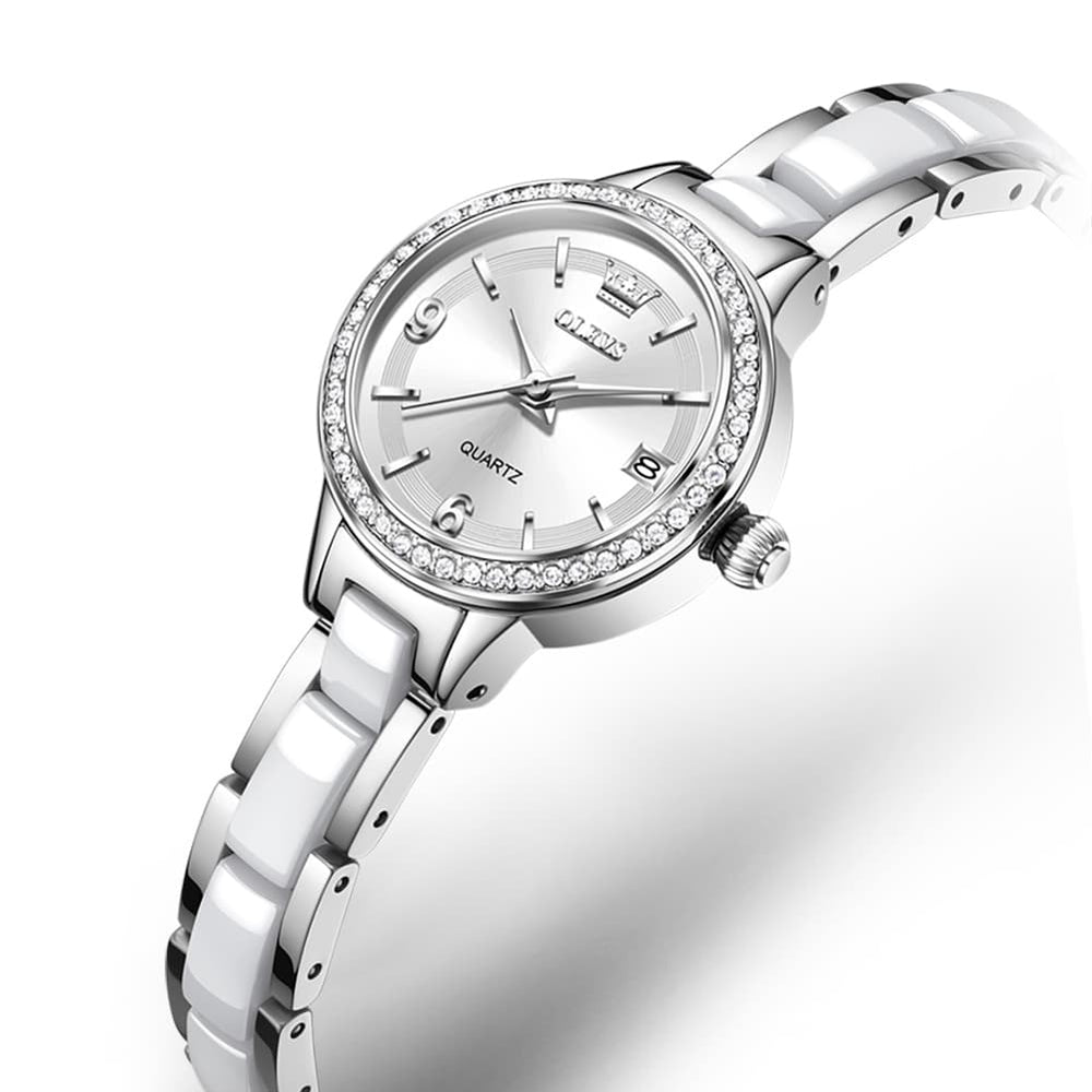 OLEVS 7093 White Ceramic Watch Women Dainty Diamond Bezel Date Quartz Jewelry Timepiece - Silver White | Olevs Watch Store