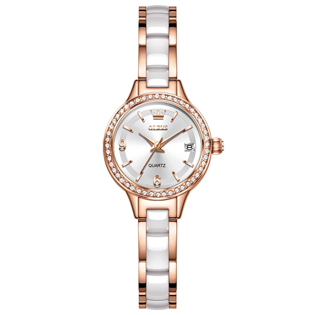 OLEVS 7093 White Ceramic Watch Women Dainty Diamond Bezel Date Quartz Jewelry Timepiece - Silver White | Olevs Watch Store