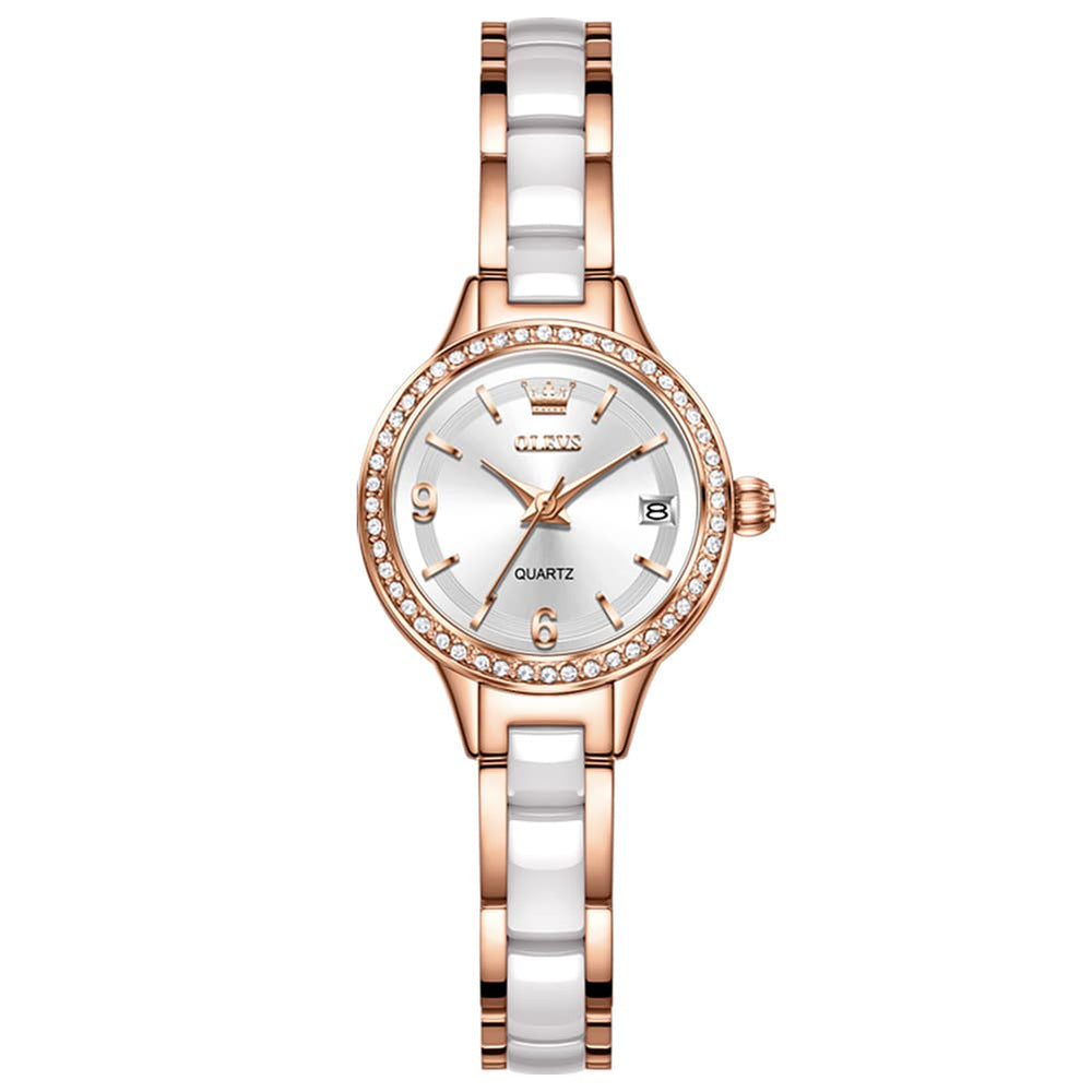 OLEVS 7093 White Ceramic Watch Women Dainty Diamond Bezel Date Quartz Jewelry Timepiece - Silver White | Olevs Watch Store