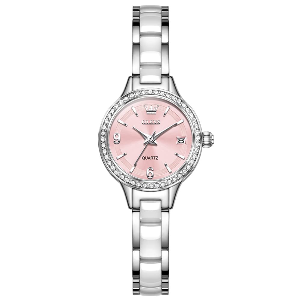 OLEVS 7093 White Ceramic Watch Women Dainty Diamond Bezel Date Quartz Jewelry Timepiece - Silver White | Olevs Watch Store