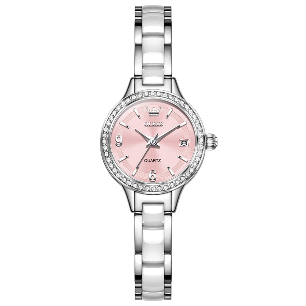 OLEVS 7093 White Ceramic Watch Women Dainty Diamond Bezel Date Quartz Jewelry Timepiece - Silver White | Olevs Watch Store