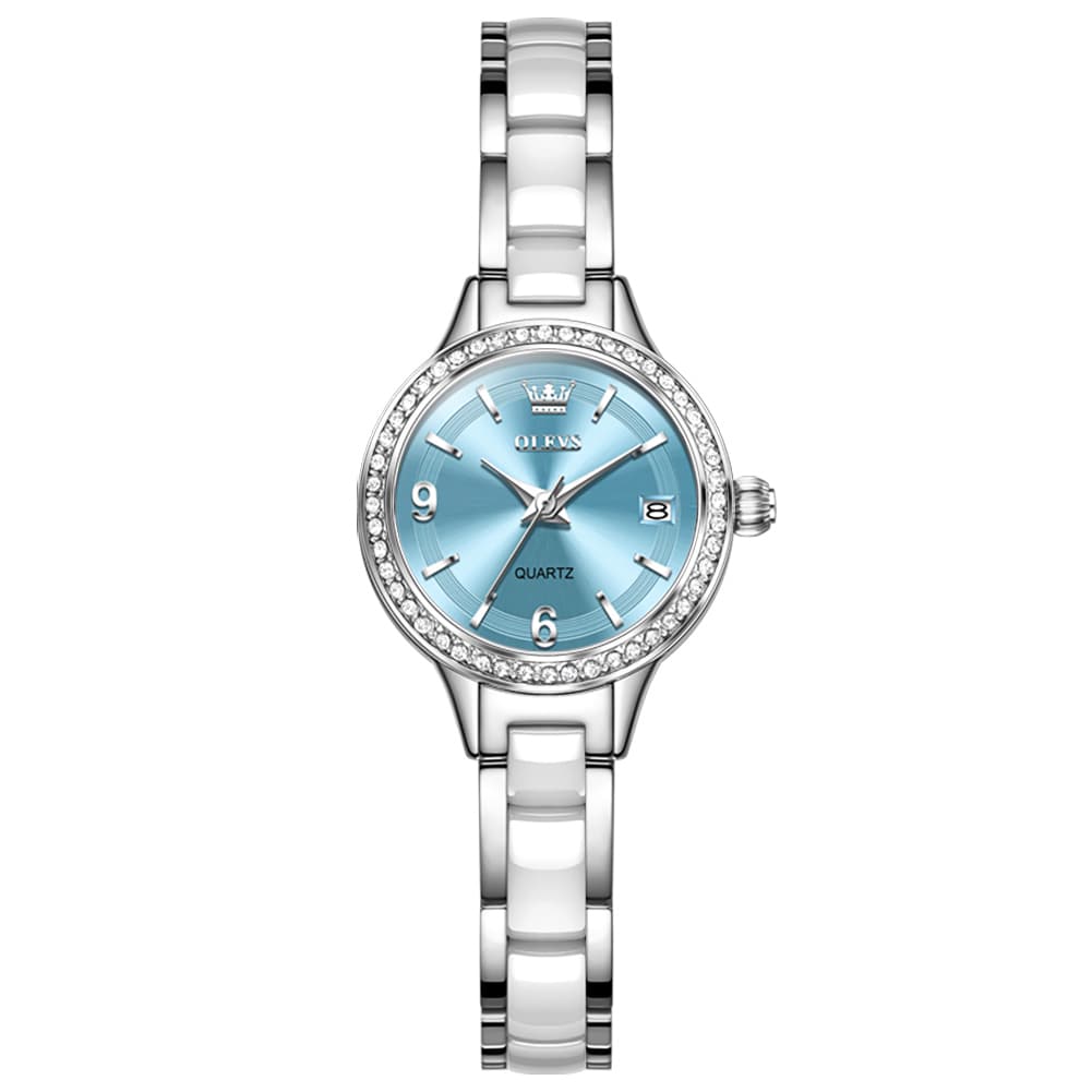 OLEVS 7093 White Ceramic Watch Women Dainty Diamond Bezel Date Quartz Jewelry Timepiece - Silver White | Olevs Watch Store