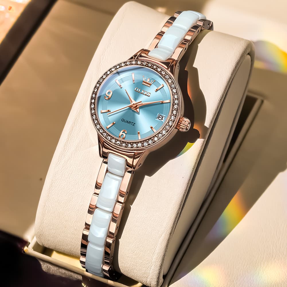 OLEVS 7093 White Ceramic Watch Women Dainty Diamond Bezel Date Quartz Jewelry Timepiece - Silver White | Olevs Watch Store
