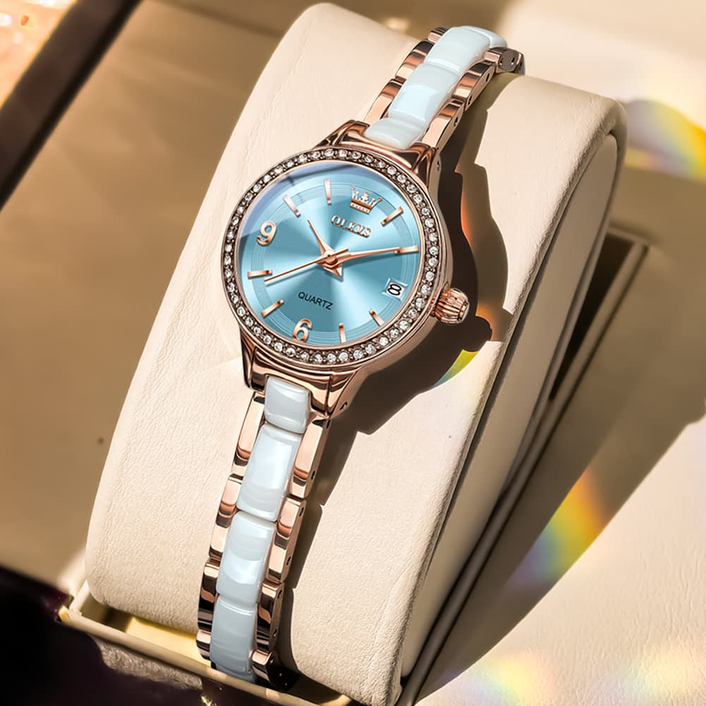 OLEVS 7093 White Ceramic Watch Women Dainty Diamond Bezel Date Quartz Jewelry Timepiece - Silver White | Olevs Watch Store