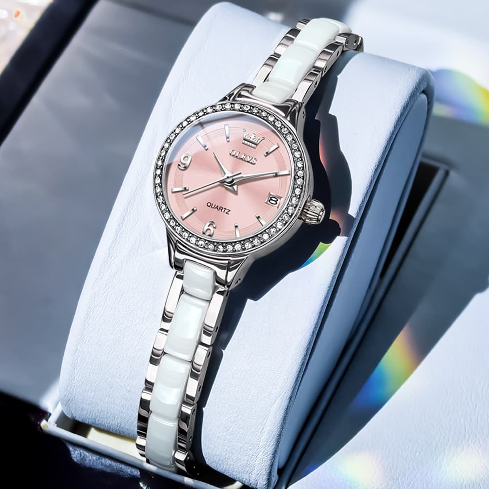 OLEVS 7093 White Ceramic Watch Women Dainty Diamond Bezel Date Quartz Jewelry Timepiece - Silver White | Olevs Watch Store