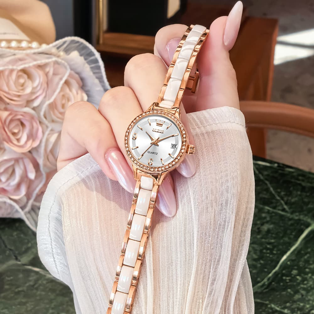 OLEVS 7093 White Ceramic Watch Women Dainty Diamond Bezel Date Quartz Jewelry Timepiece - Silver White | Olevs Watch Store