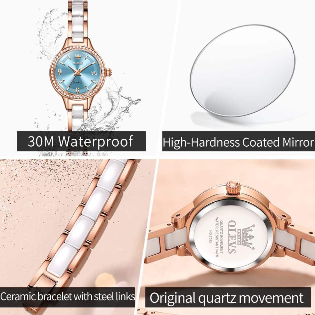 OLEVS 7093 White Ceramic Watch Women Dainty Diamond Bezel Date Quartz Jewelry Timepiece - Silver White | Olevs Watch Store