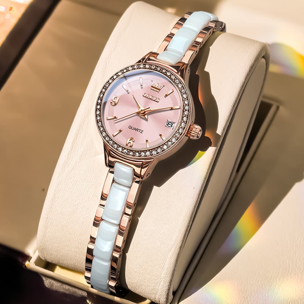 OLEVS 7093 White Ceramic Watch Women Dainty Diamond Bezel Date Quartz Jewelry Timepiece - Silver White | Olevs Watch Store
